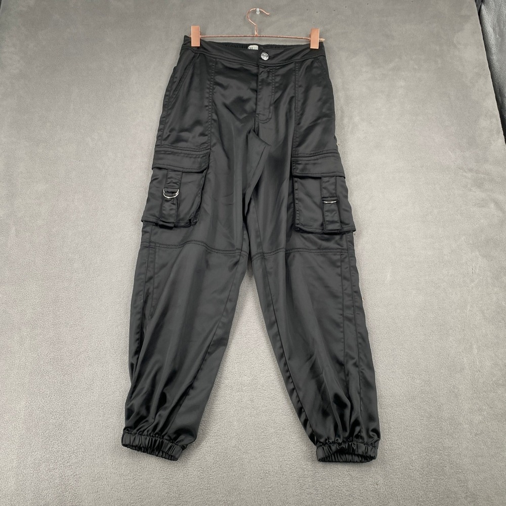River Island Black Satin Cargo Jogger Pants High Waist Size US 4 762061